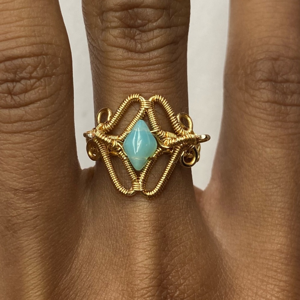 Elegant Gold and Blue Wire Wrapped Ring